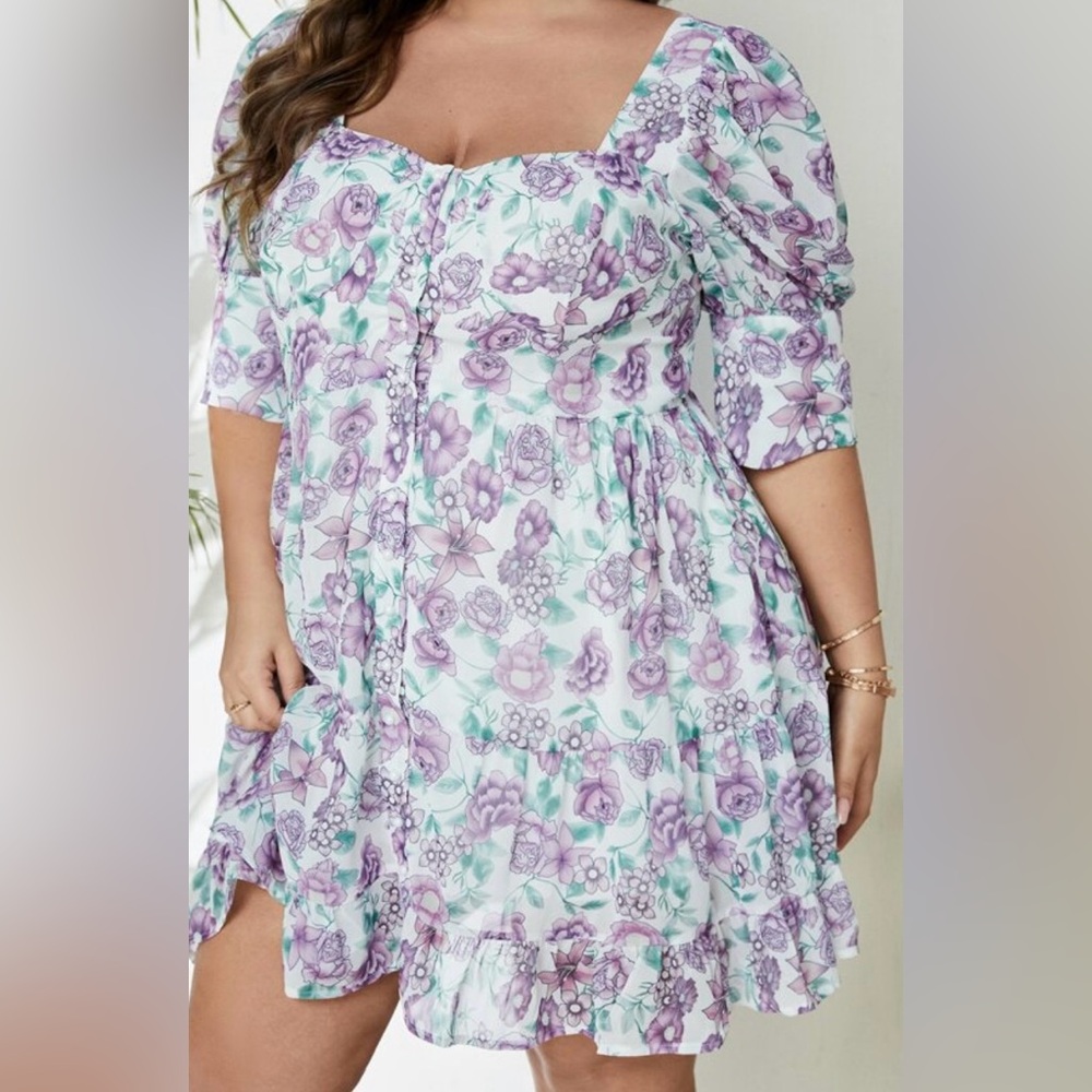 Allover Purple Floral Boho, Peasant, Babydoll, Milkmaid Dress